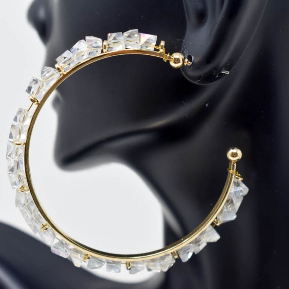 Clear Pyramid Cut Crystal Gold Tone Hoop Earrings